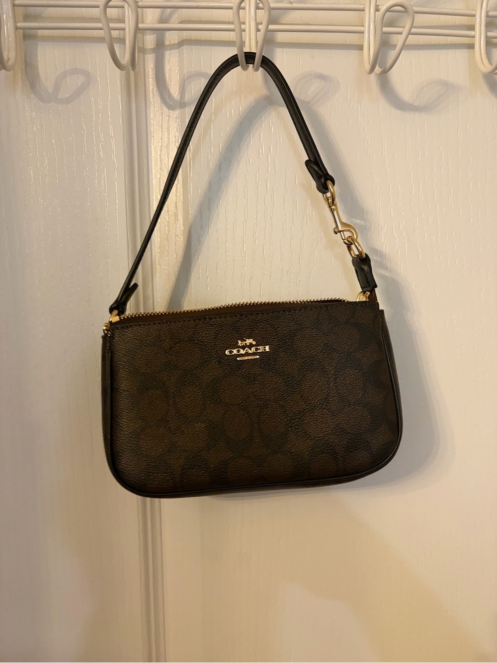 Coach Dark Brown Signature Mini Shoulder Bag with Gold Hardware
